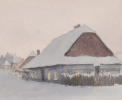 Malba od Karla Šťastného s Portmanovou chalupou, která stála na rohu ulice T. Novákové a P. Bezruče. 20. léta 20. století.